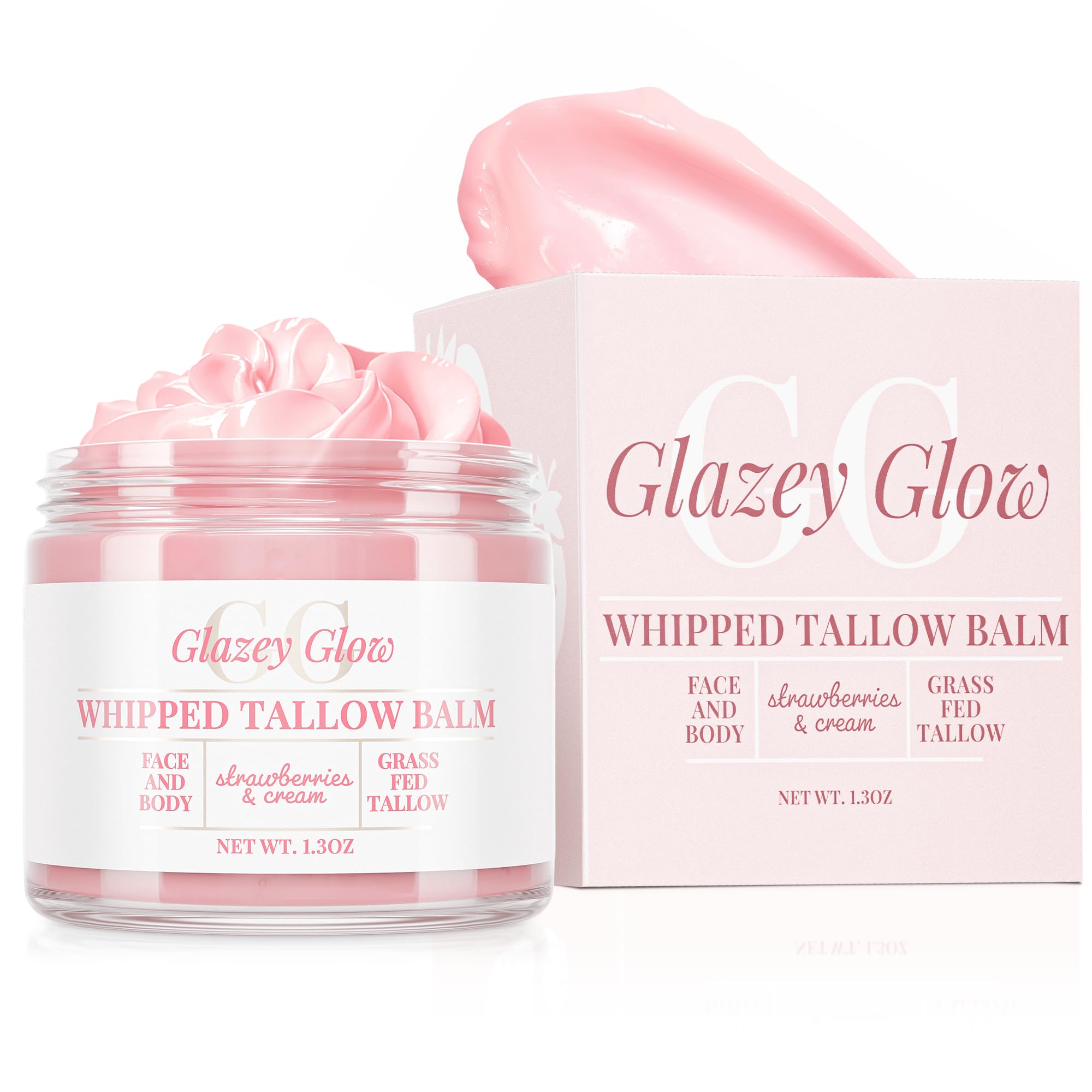 Glazey Glow whipped tallow closeup reveals creamy texture for quick hydration.