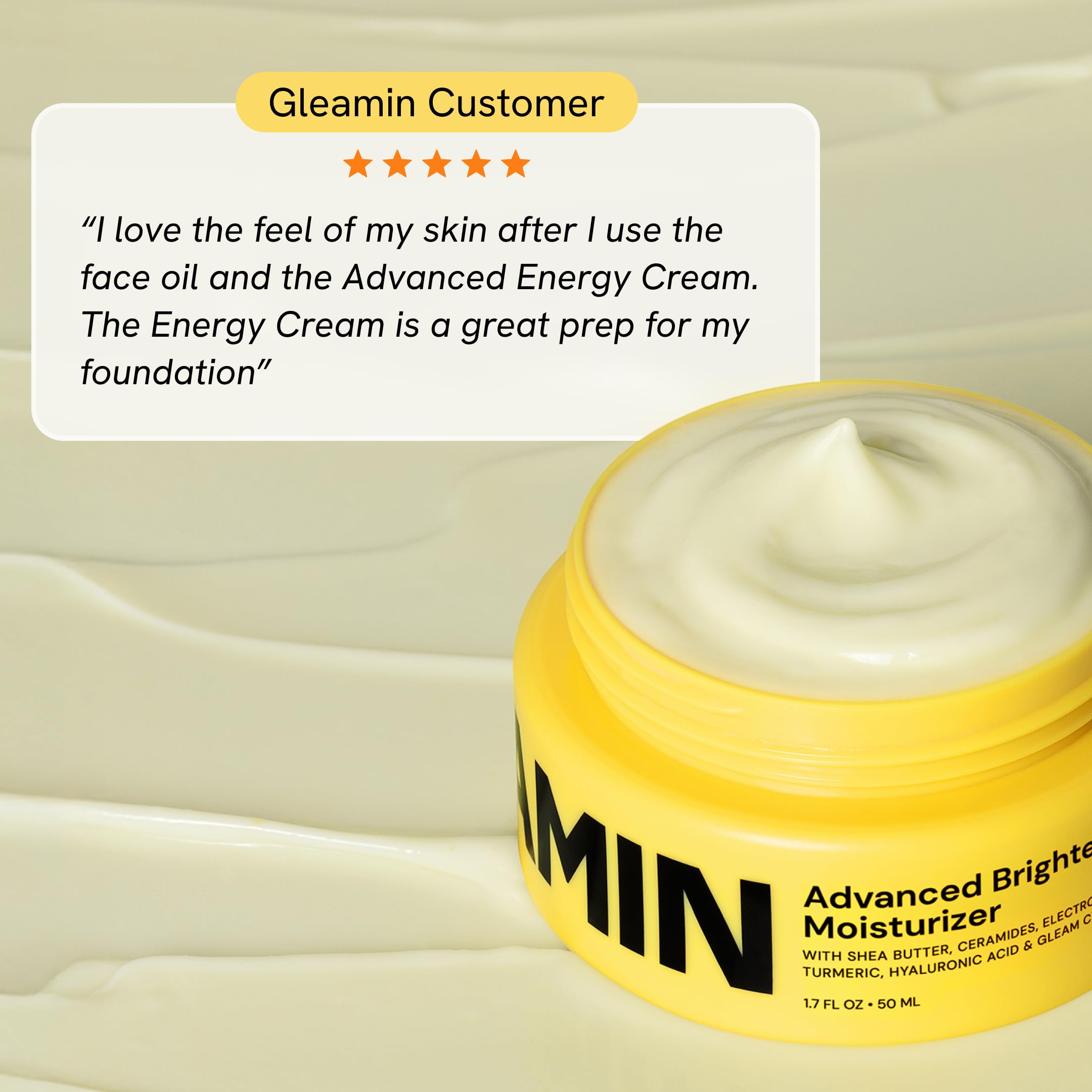 Gleamin Brightening Face Moisturizer back-of-hand application shows quick absorption