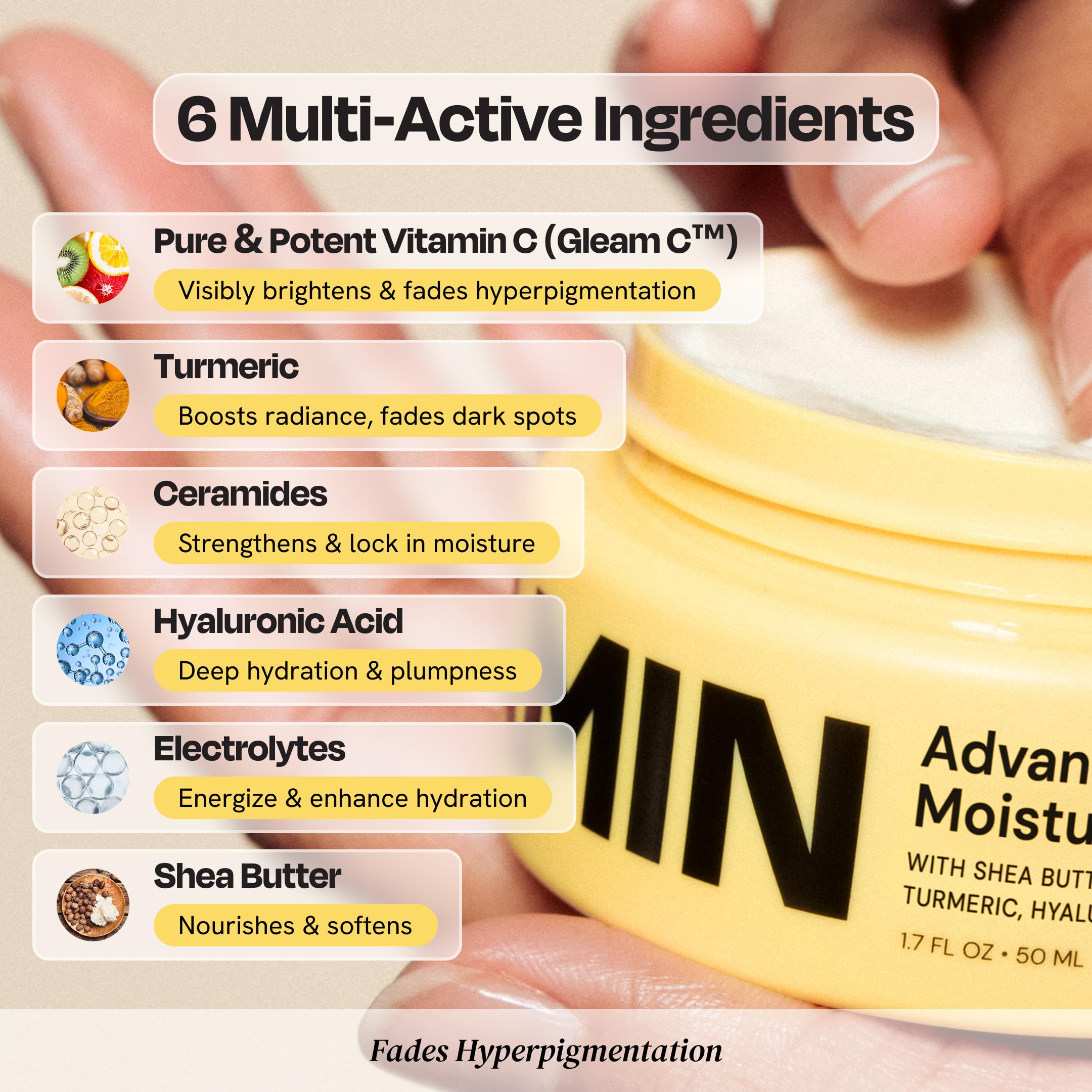 Gleamin Brightening Face Moisturizer ingredients icons highlight Vitamin C and Turmeric