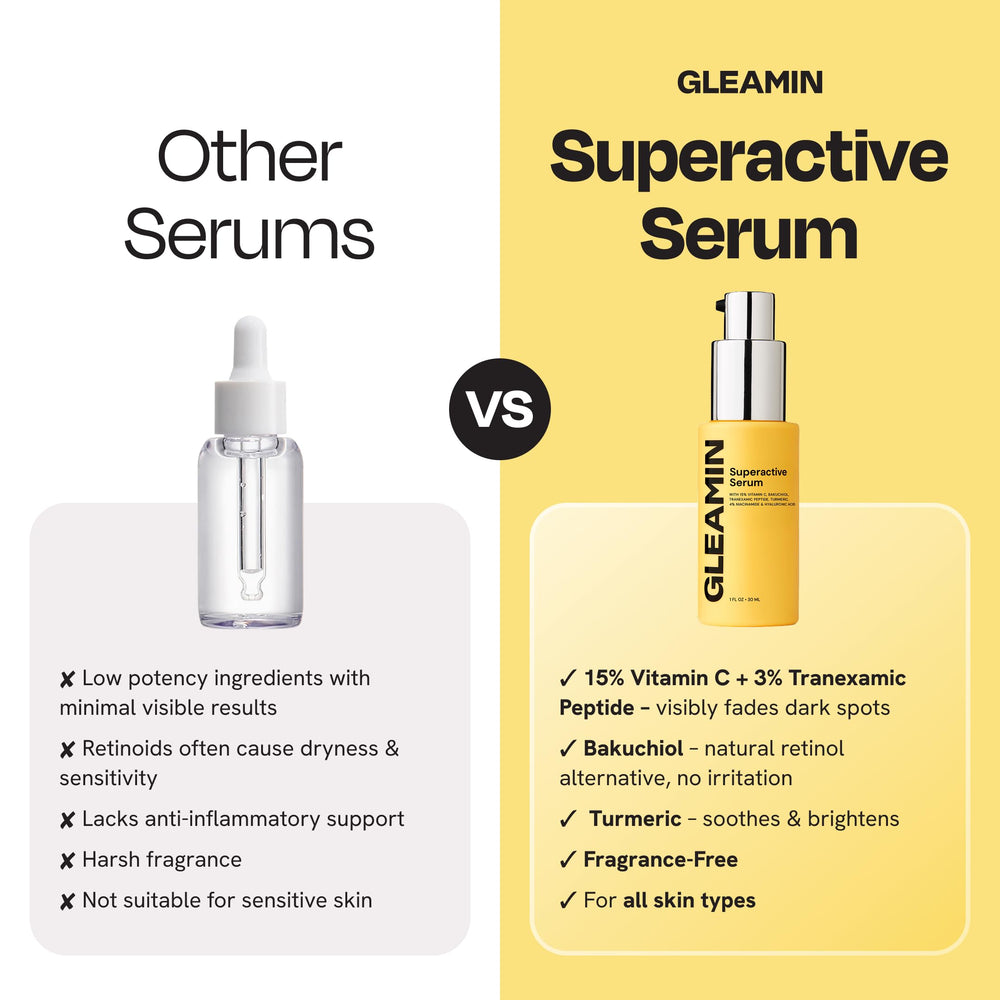 Gleamin Serum before-and-after skin shot hints at even tone potential