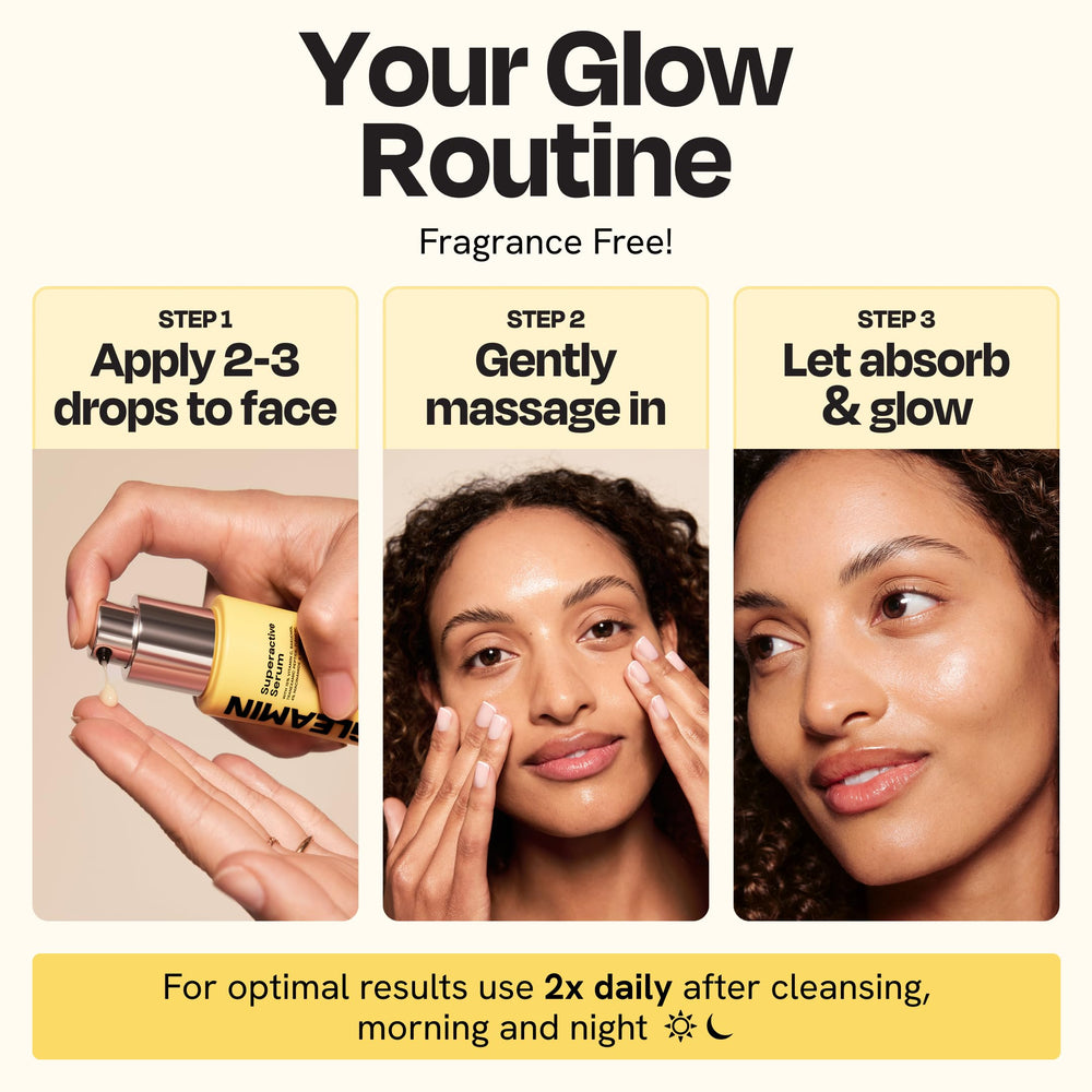Gleamin Serum morning routine setup suggests under makeup compatibility