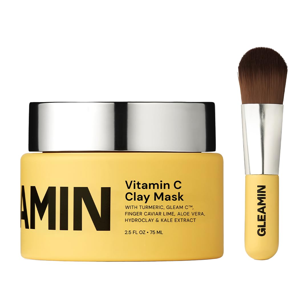 Gleamin Vitamin C Clay Mask jar closeup showing creamy formula and brightening promise.