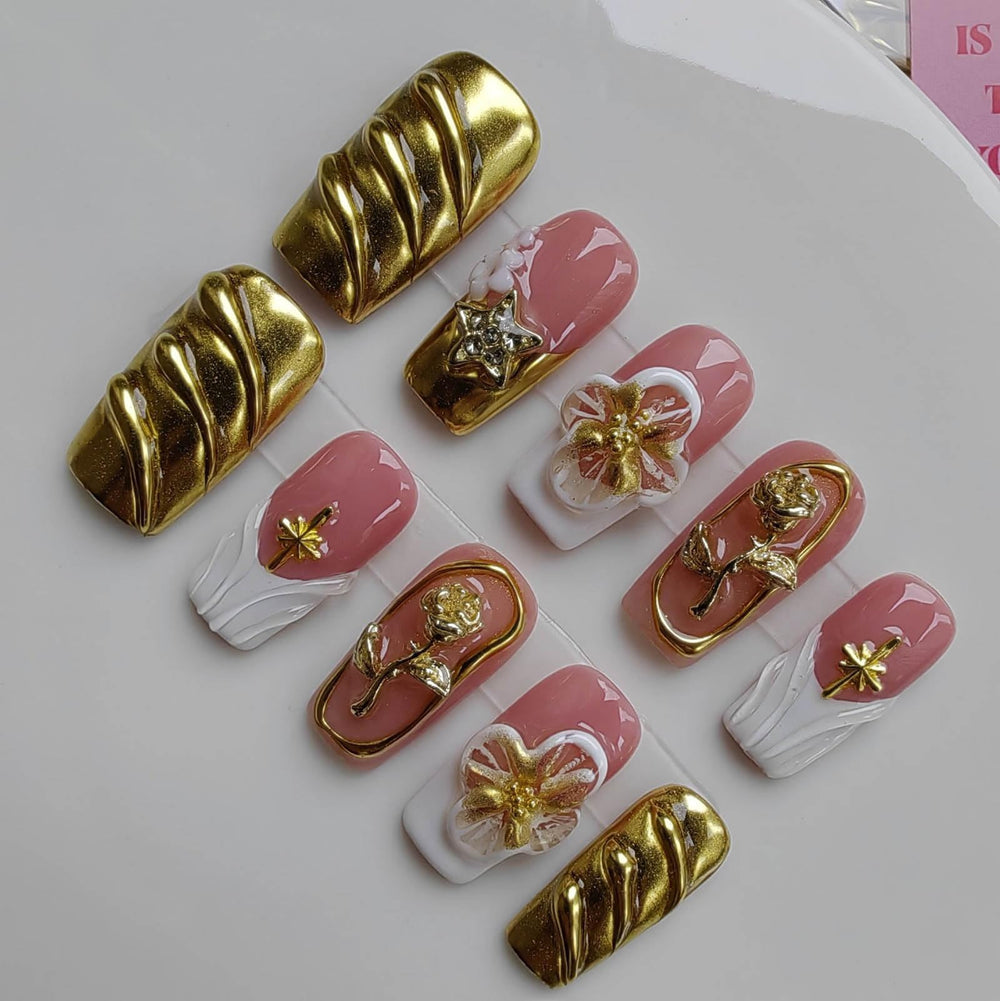 Gleamrain floral gold square nails for chic daily wear