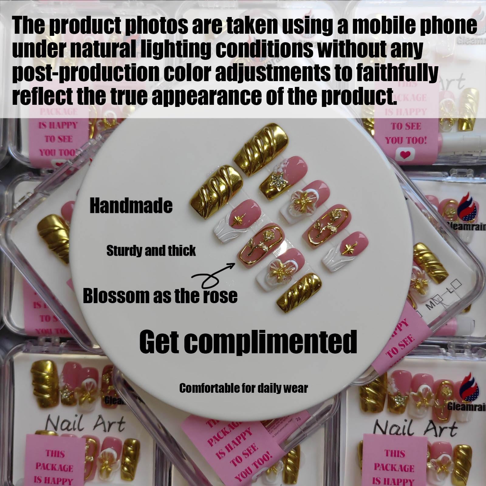 Gleamrain square nails with 3D floral detail and shine