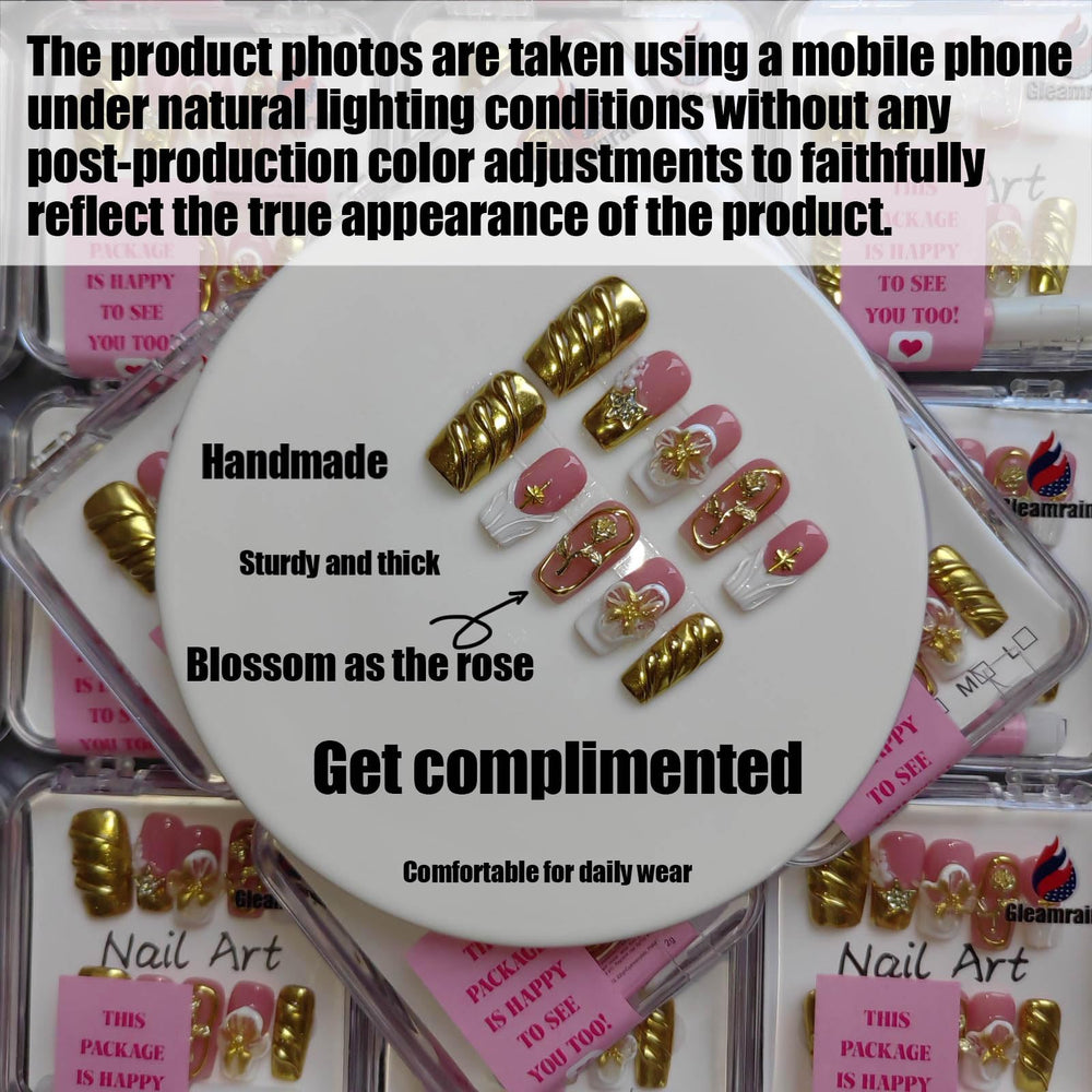 Gleamrain square nails with 3D floral detail and shine