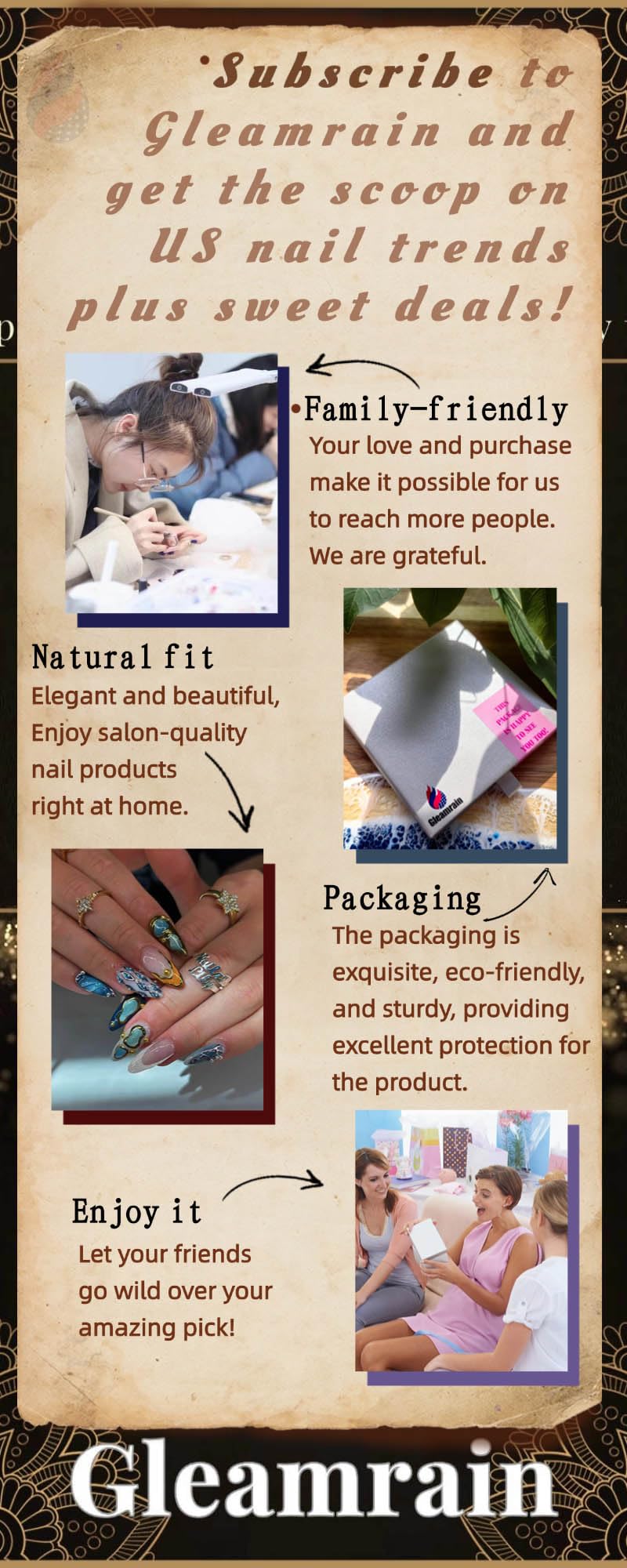 Gleamrain nails with a high-gloss top coat for lasting shine and resilience.