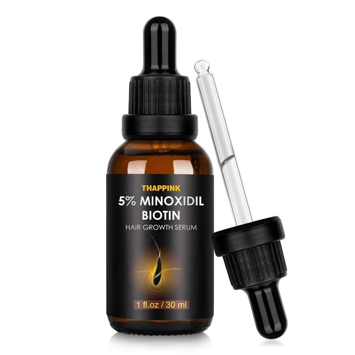 Glemme 5% Minoxidil serum bottle close-up highlighting daily hair growth support and scalp care.