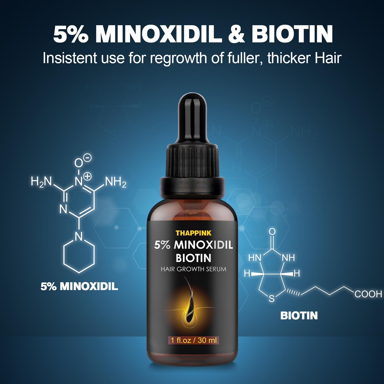 Glemme 5% Minoxidil serum dropper for precise scalp dosing.
