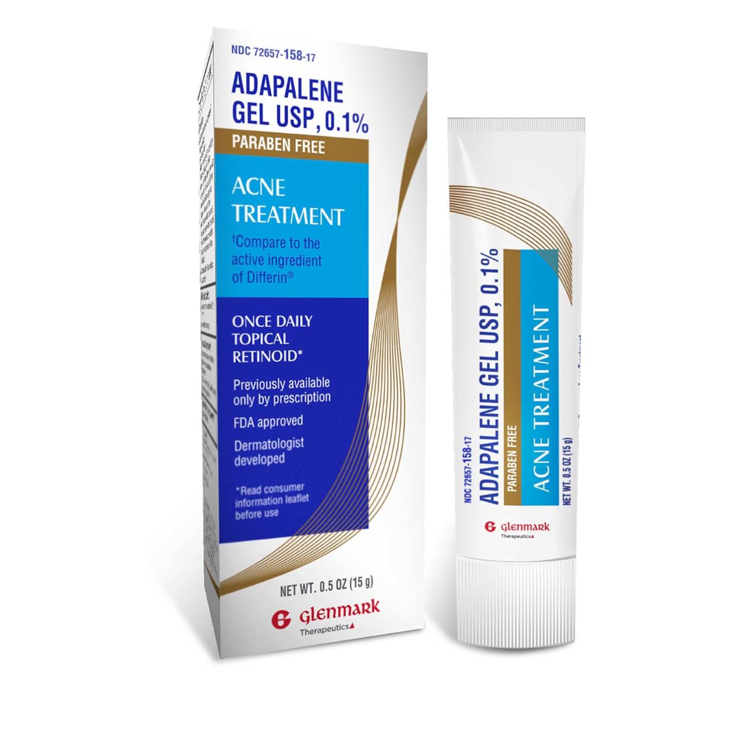 Glenmark Therapeutics Adapalene Gel 0.1 percent tube on a clean surface, paraben-free formula.