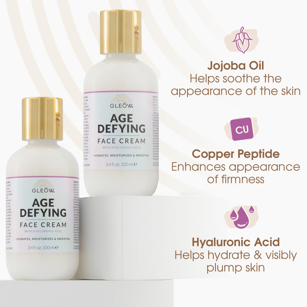 GLEOW Copper Peptide enriched formula bottle highlights revitalization feel.