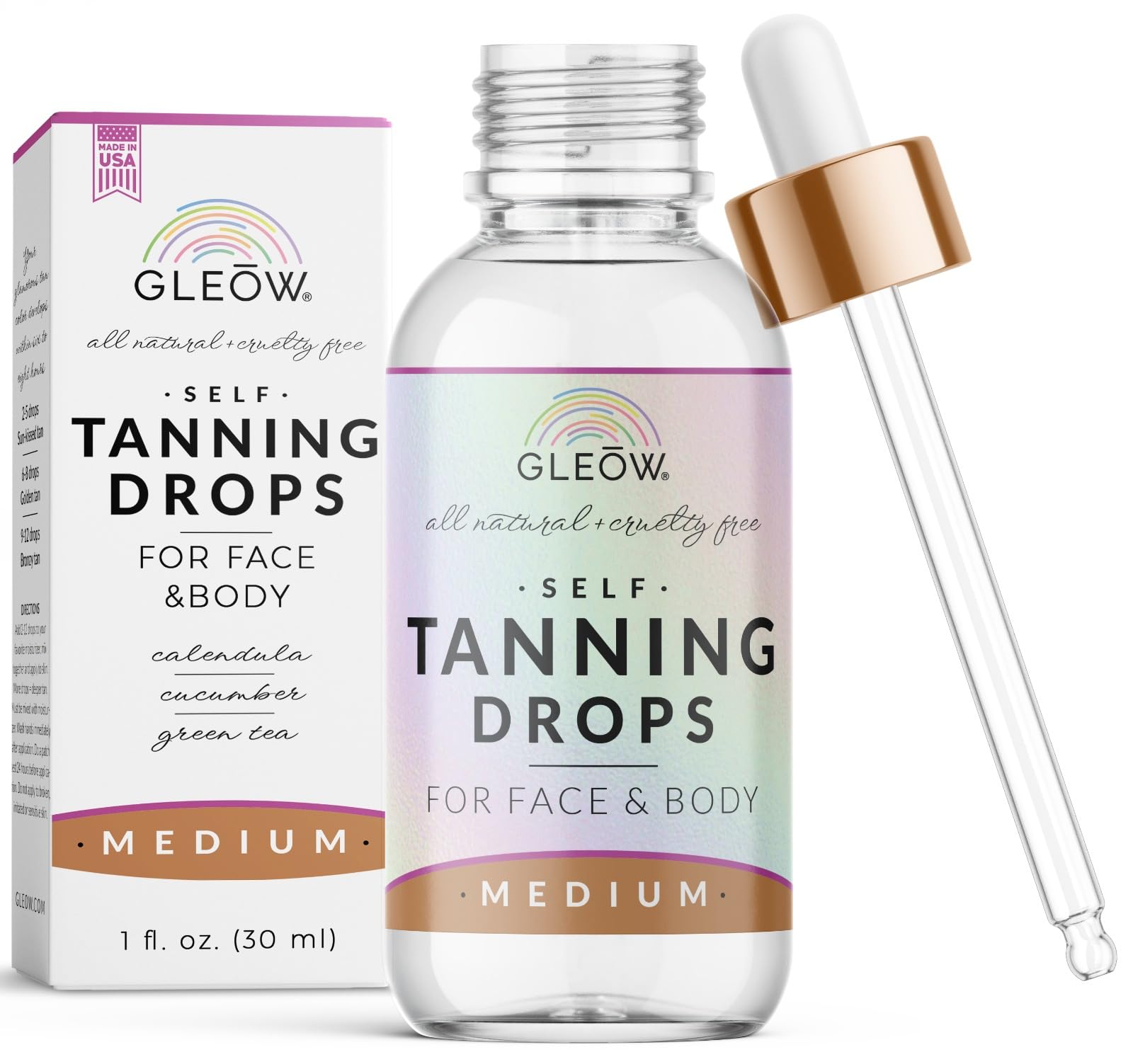 GLEOW Face Tanning Drops bottle close-up showing even face and body glow