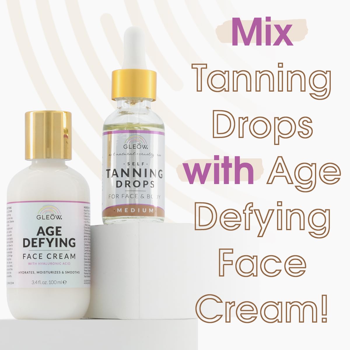GLEOW self-tanner drops on face ready to mix with moisturizer.