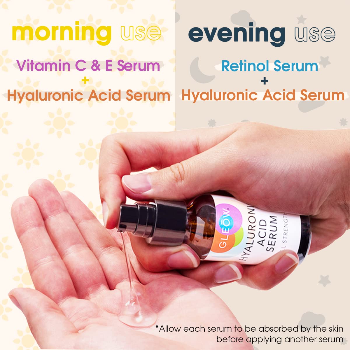 GLEOW set on counter emphasizing a clean, fragrance-free formula suitable for all skin types.