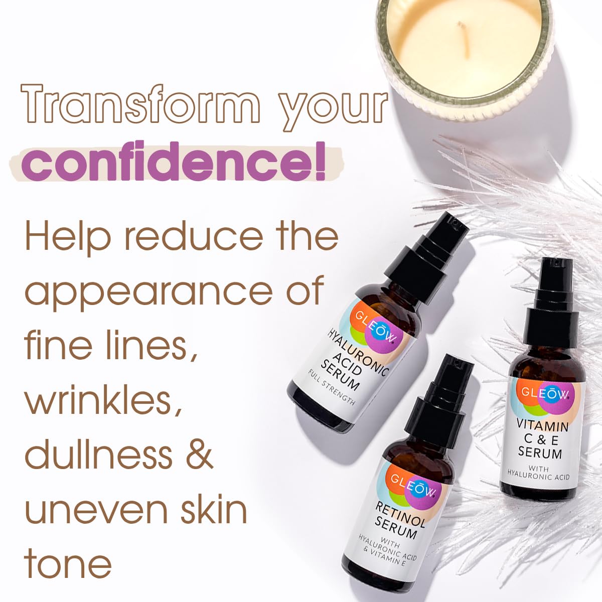 GLEOW skincare routine set arranged together suggesting a comprehensive regimen