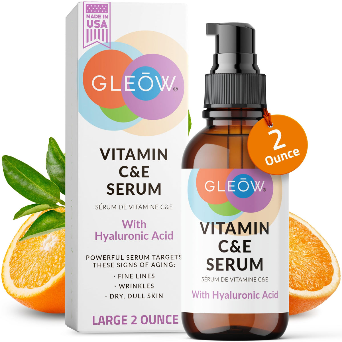 GLEOW Vitamin C Serum bottle closeup highlights hydration for daily skin care.