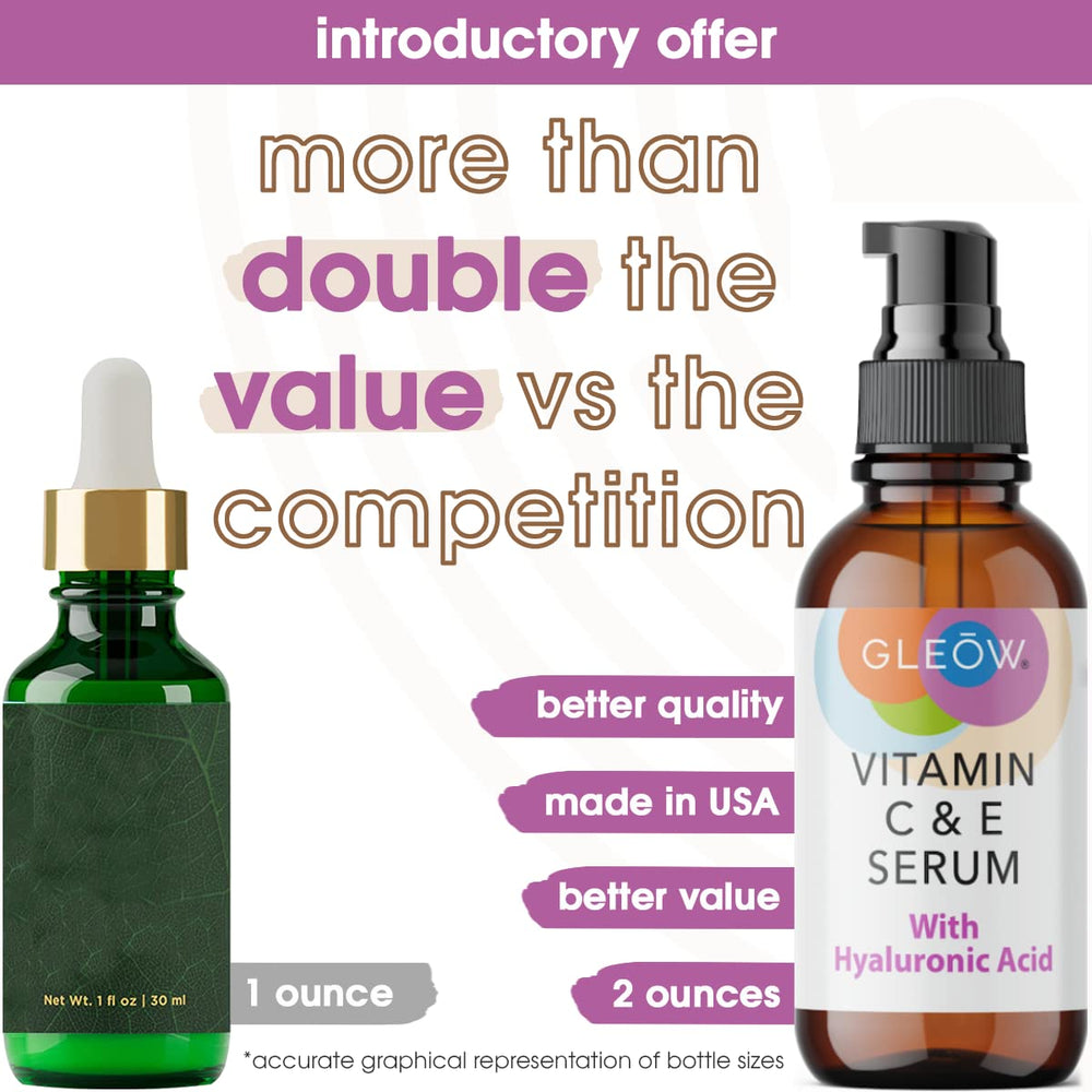 GLEOW Vitamin C serum bottle with pump highlighting brightening and hydration benefits