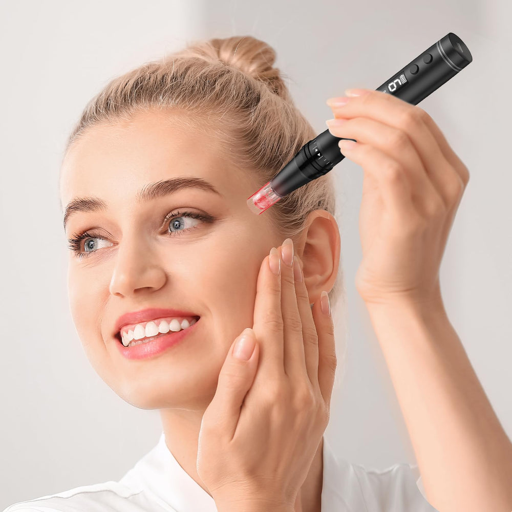 Glimme derma pen on face, gentle exfoliation and easy grip
