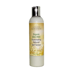 Glimmer Goddess self-tanning bottle in hand applying evenly for a natural glow.