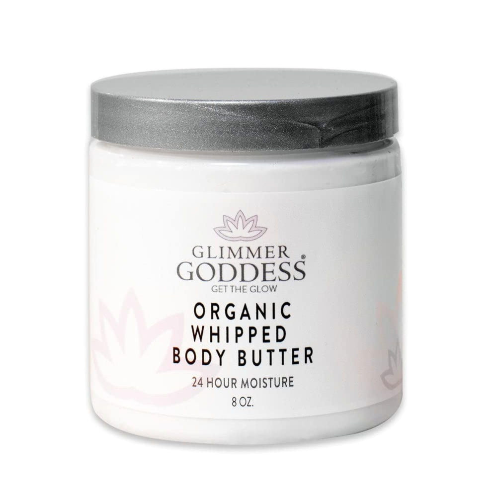 Glimmer Goddess honeysuckle whipped body butter in a jar for radiant, hydrated skin.