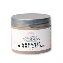 Glimmer Goddess Lavender Night Cream jar close-up showing creamy texture for hydration.