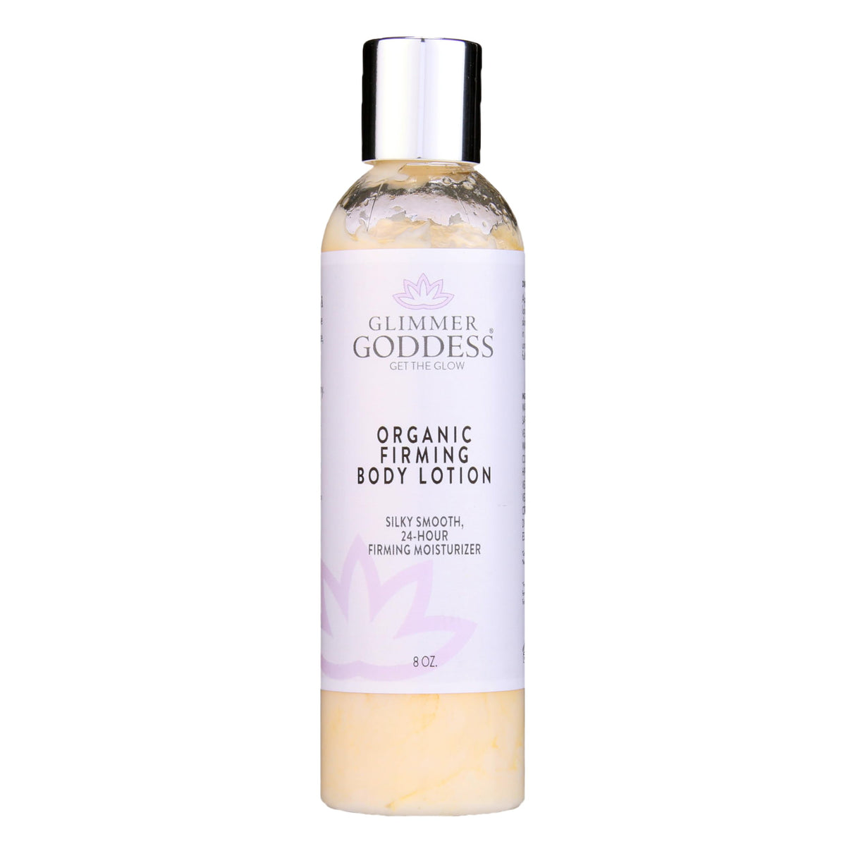 GLIMMER GODDESS organic firming body lotion bottle for easy daily hydration.