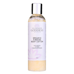 GLIMMER GODDESS organic firming body lotion bottle for easy daily hydration.