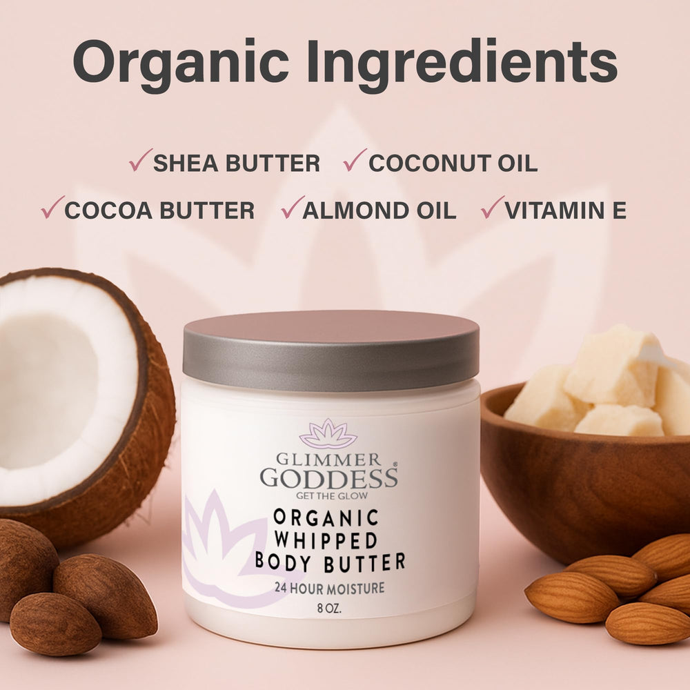 Glimmer Goddess organic shea cocoa butter image highlights deep hydration