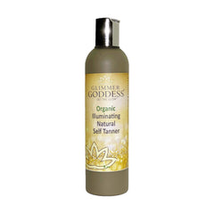 Glimmer Goddess self-tanner bottle close-up for a natural bronze glow