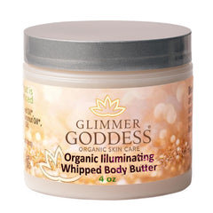 Glimmer Goddess Shimmer Body Butter bronze bottle for radiant, non-greasy hydration.
