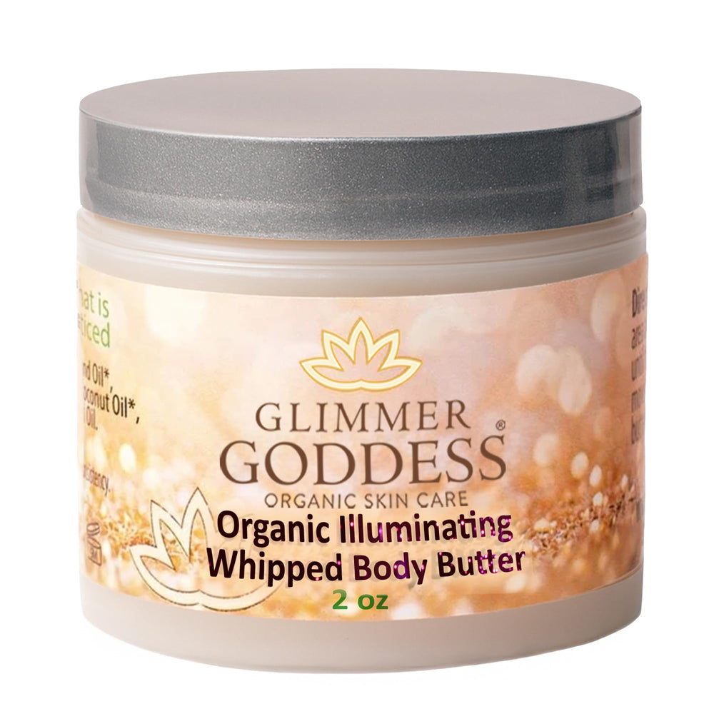 Glimmer Goddess Shimmer Body Butter 2oz jar for portable hydration and radiant glow.