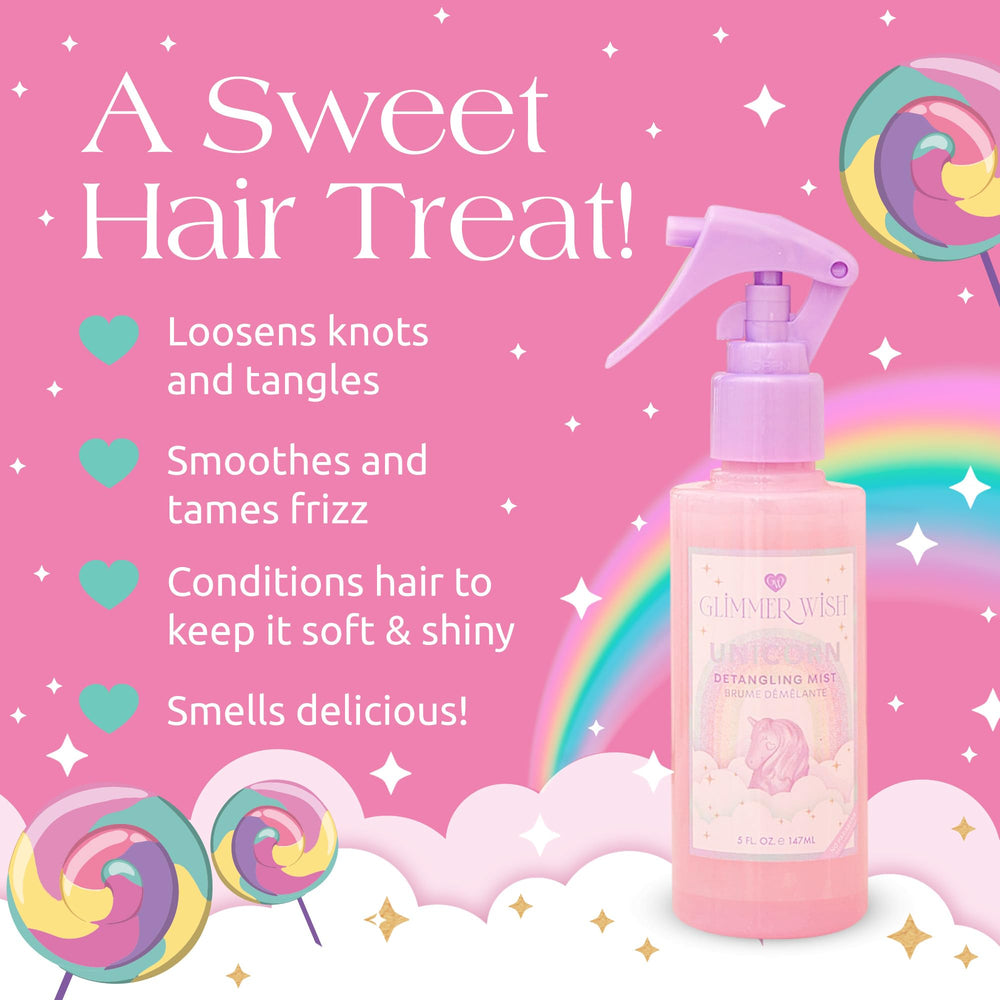 Glimmer Wish unicorn spray bottle shown on bag demonstrates travel-friendly detangling solution