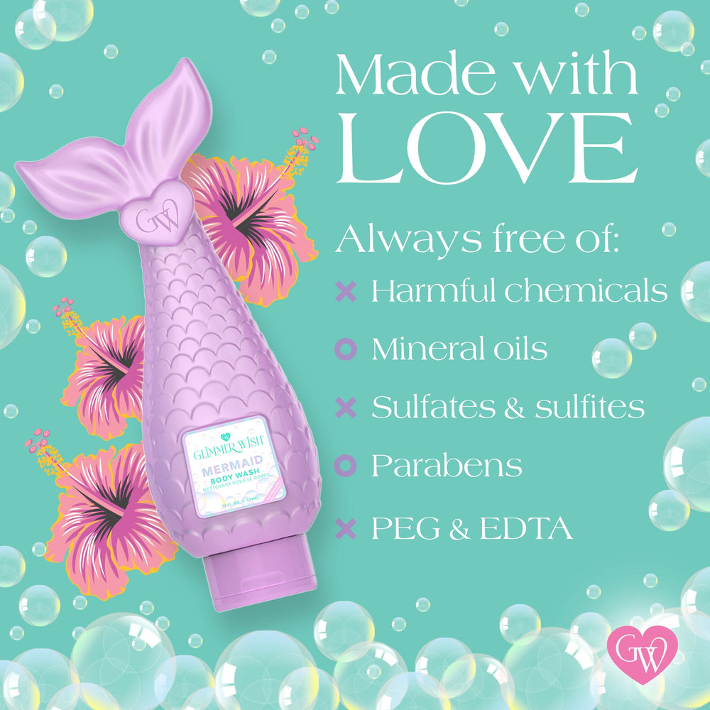 Glimmer Wish Mermaid Kids Body Wash creamy foam closeup for gentle cleansing