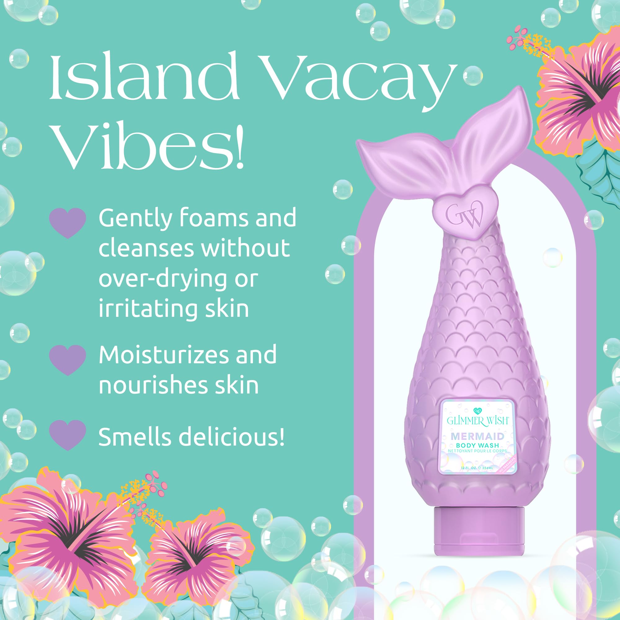 Glimmer Wish Mermaid Kids Body Wash label closeup highlighting vegan and sulfate-free formula