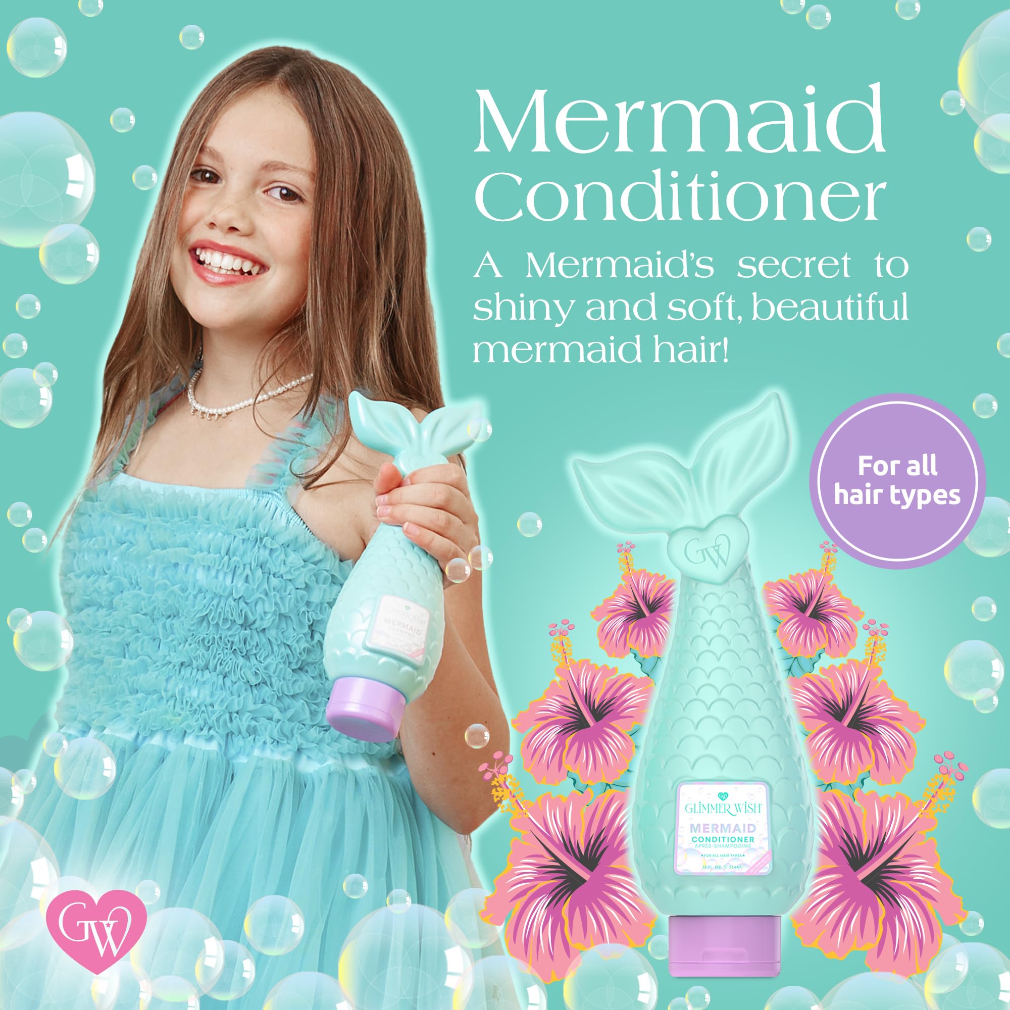 Glimmer Wish Mermaid conditioner label highlights tropical scent and vegan formula.