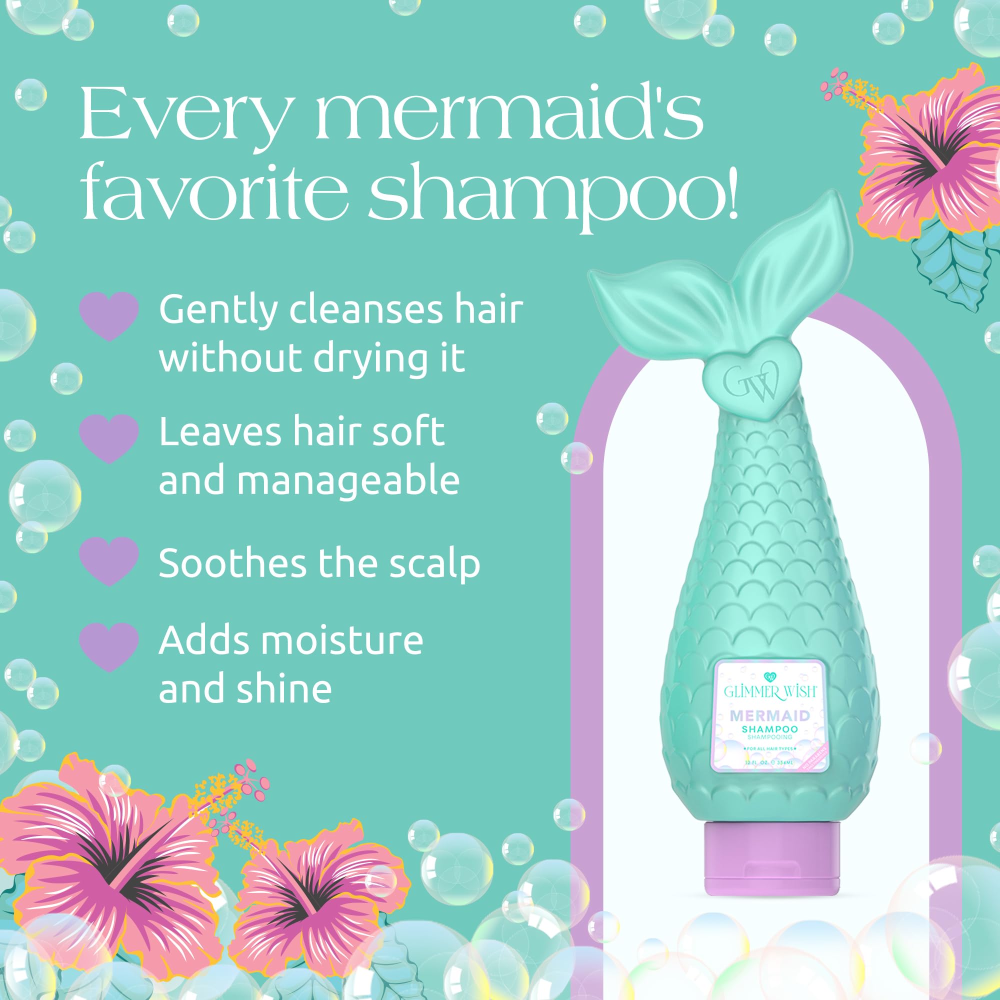 Glimmer Wish Mermaid Kids Shampoo lavender pearls scent enhances children's bath.