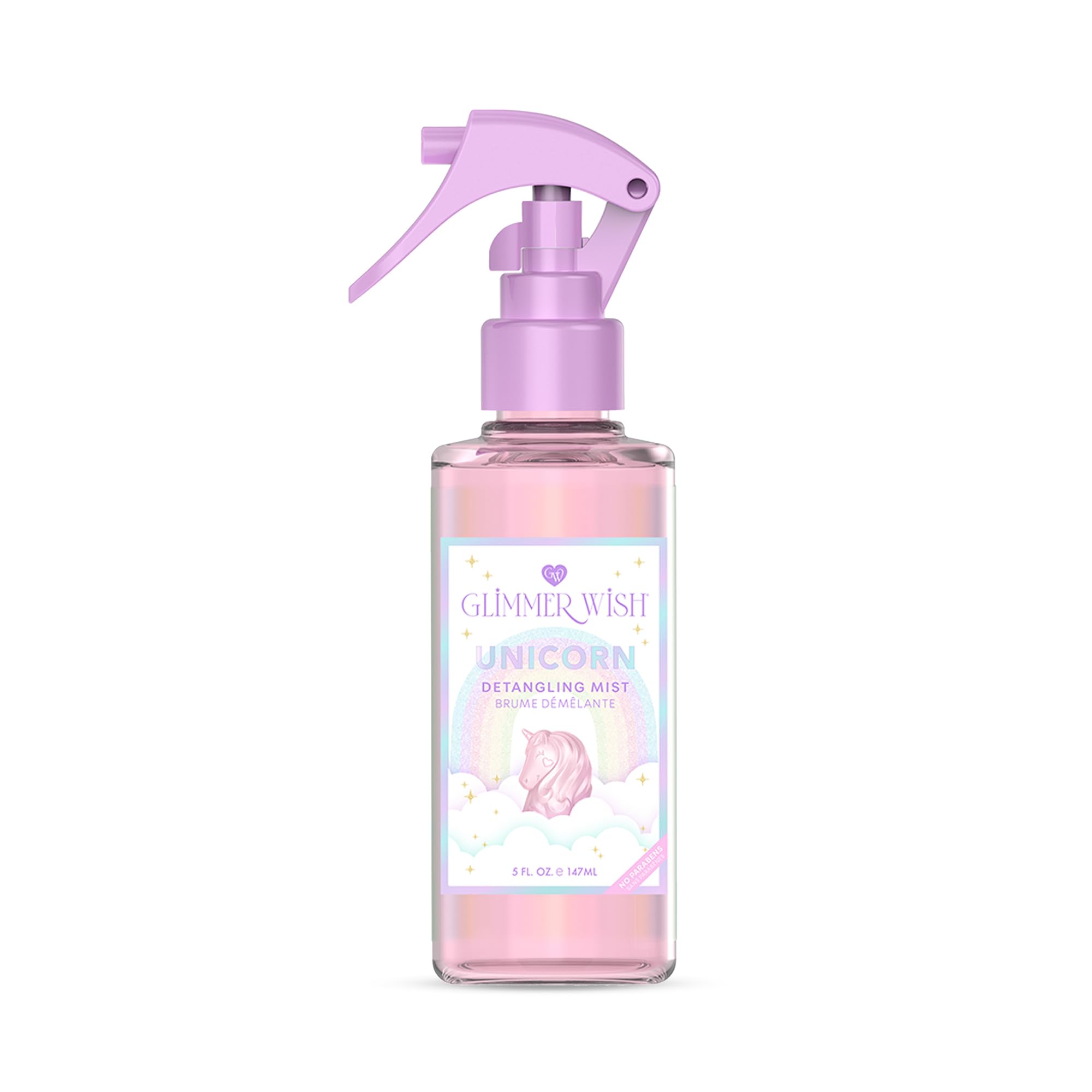 Glimmer Wish unicorn detangler spray bottle eases tangles with coconut and macadamia oils