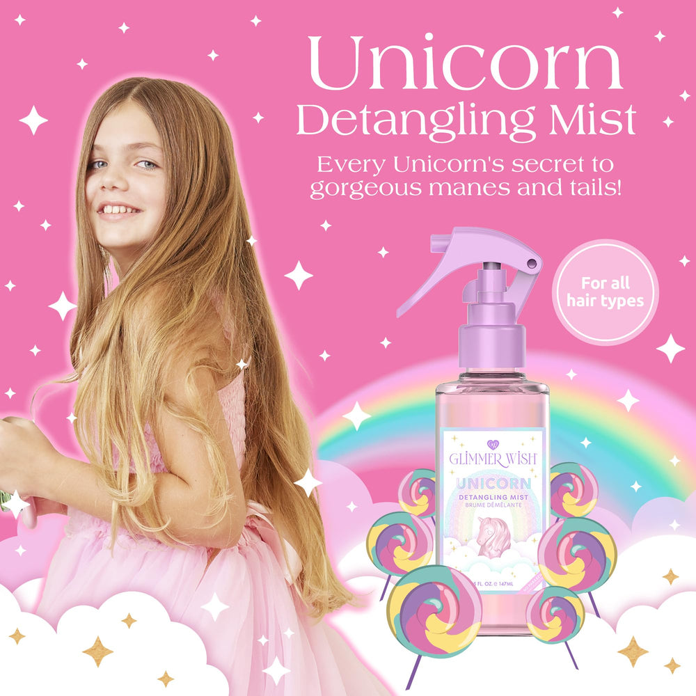 Glimmer Wish detangler spray pink label helps kids' hair stay smooth after swimming
