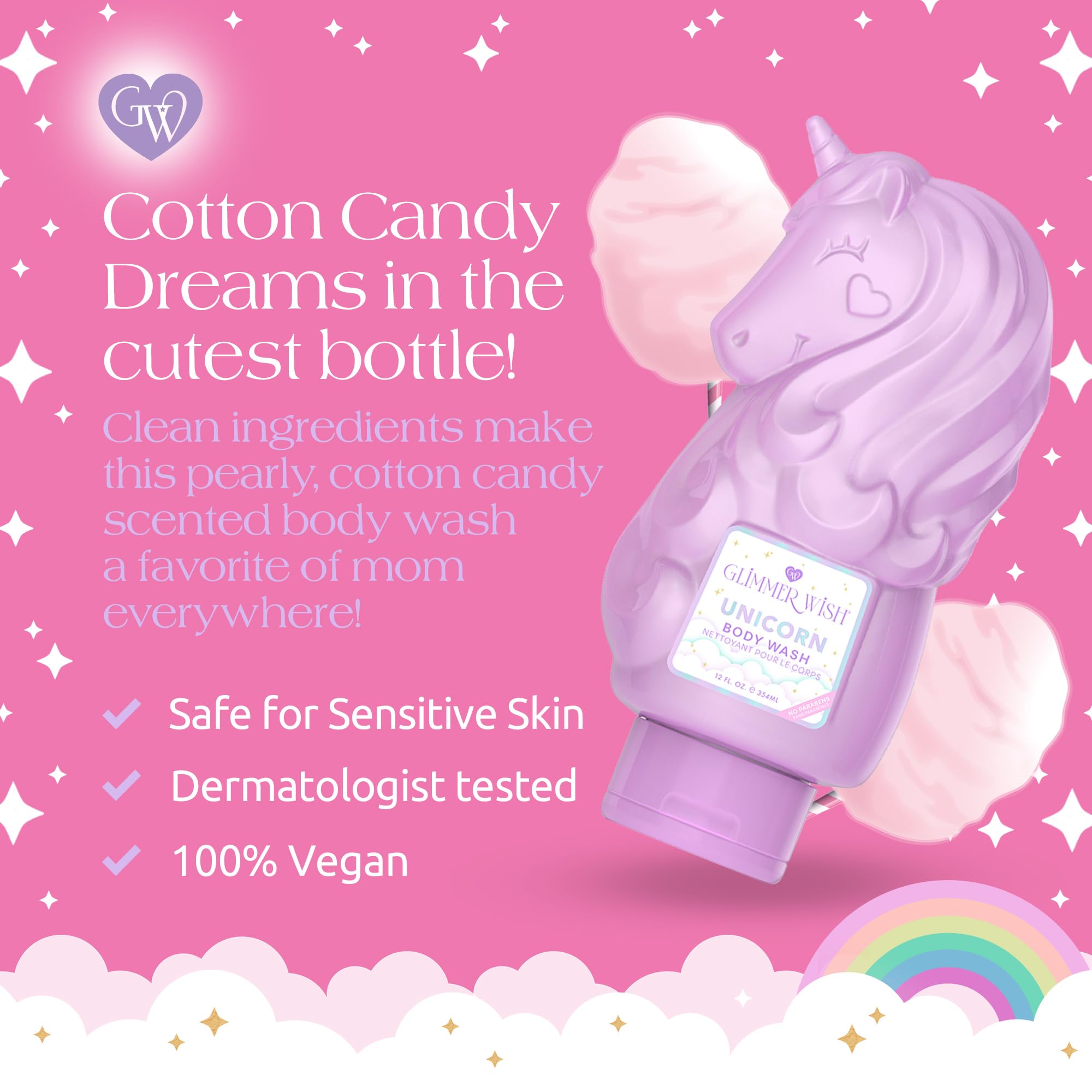 Glimmer Wish Unicorn Kids Body Wash side view emphasizes gravity-fed design