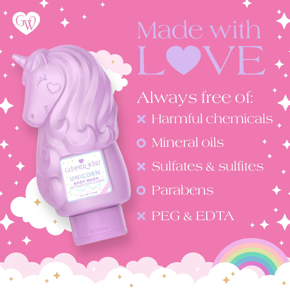Glimmer Wish Unicorn Kids Body Wash gravity-fed bottle enables easy dollop