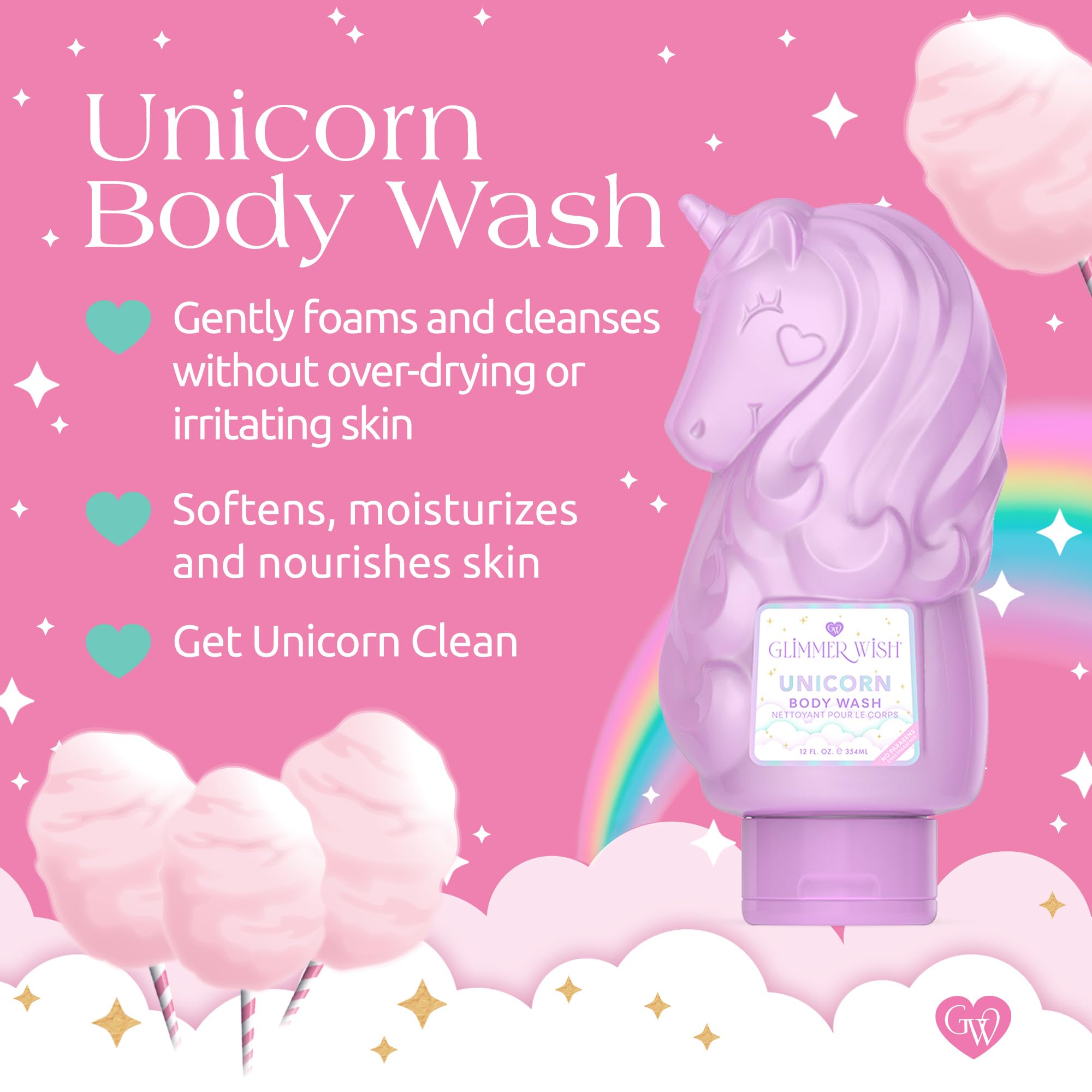 Glimmer Wish Unicorn Kids Body Wash label closeup shows vanilla cotton candy scent