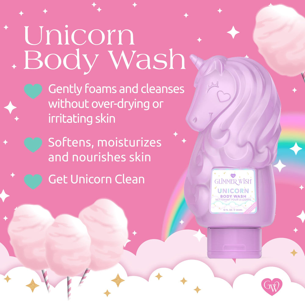 Glimmer Wish Unicorn Kids Body Wash label closeup shows vanilla cotton candy scent