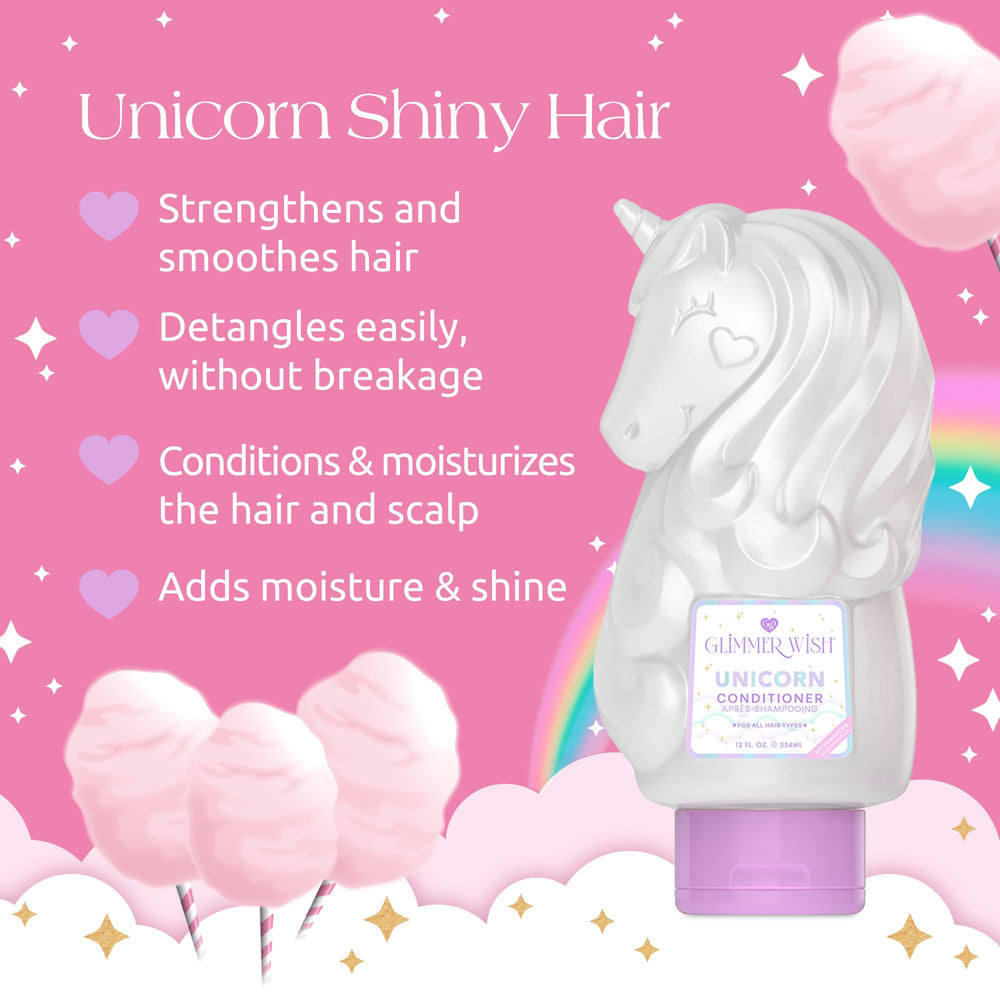 Glimmer Wish Unicorn Kids Conditioner being poured for quick application.