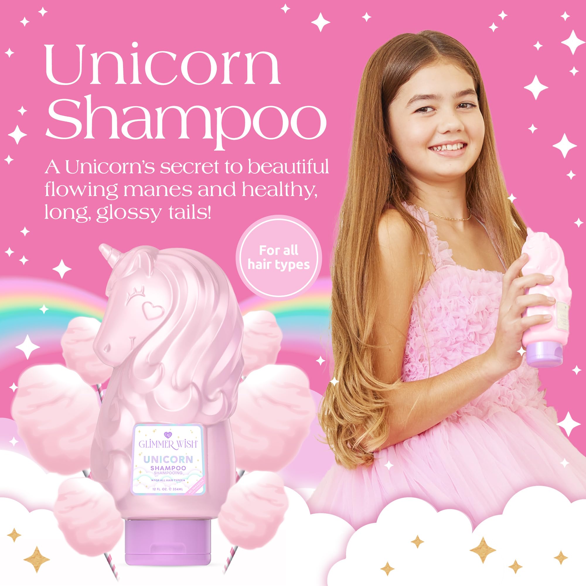 Glimmer Wish Unicorn Kids Shampoo with cotton candy scent enhances bath time mood.
