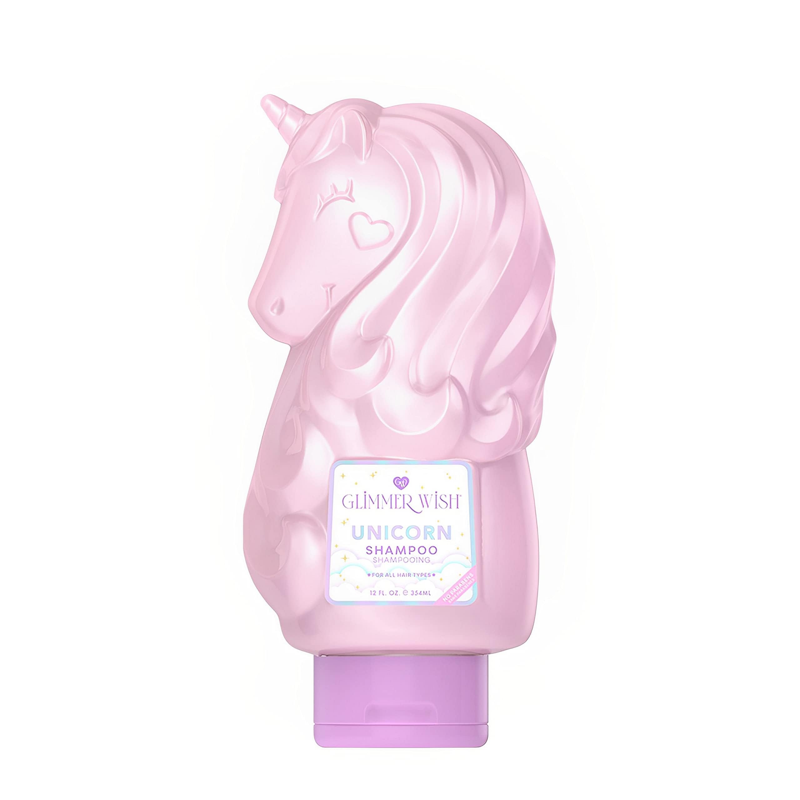 Glimmer Wish Unicorn Kids Shampoo pink bottle promotes gentle cleansing and shine.