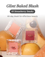 Glint Baked Blush Strawberry Smoke swatch on cheek for natural glow.