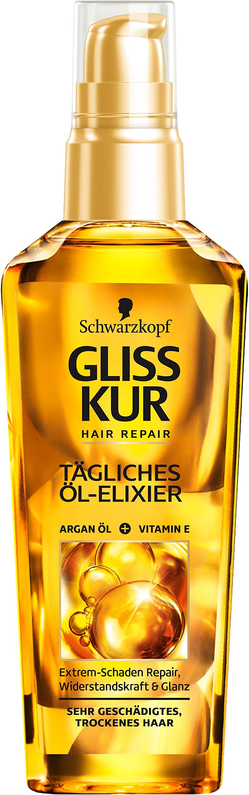 Gliss Kur Daily Oil Elixir bottle close-up illustrating repair for dry, damaged hair.