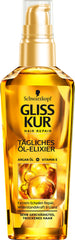 Gliss Kur Daily Oil Elixir bottle close-up illustrating repair for dry, damaged hair.