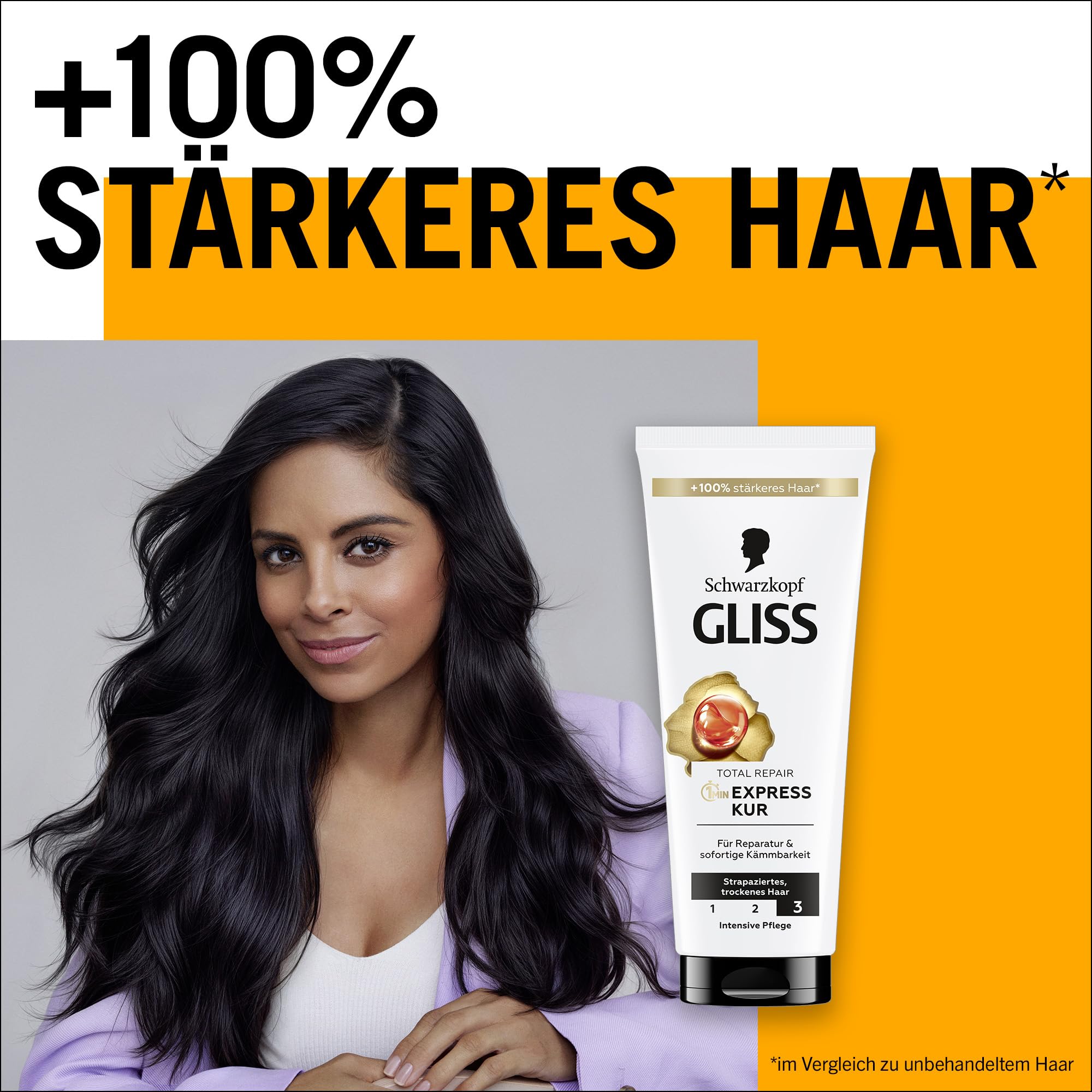 Gliss Kur Total Repair applied to damp hair after washing for quick repair.