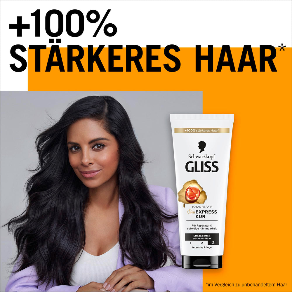 Gliss Kur Total Repair applied to damp hair after washing for quick repair.
