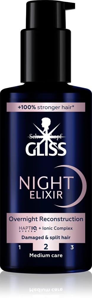 Gliss Night Elixir bottle pour demonstrating overnight application benefits